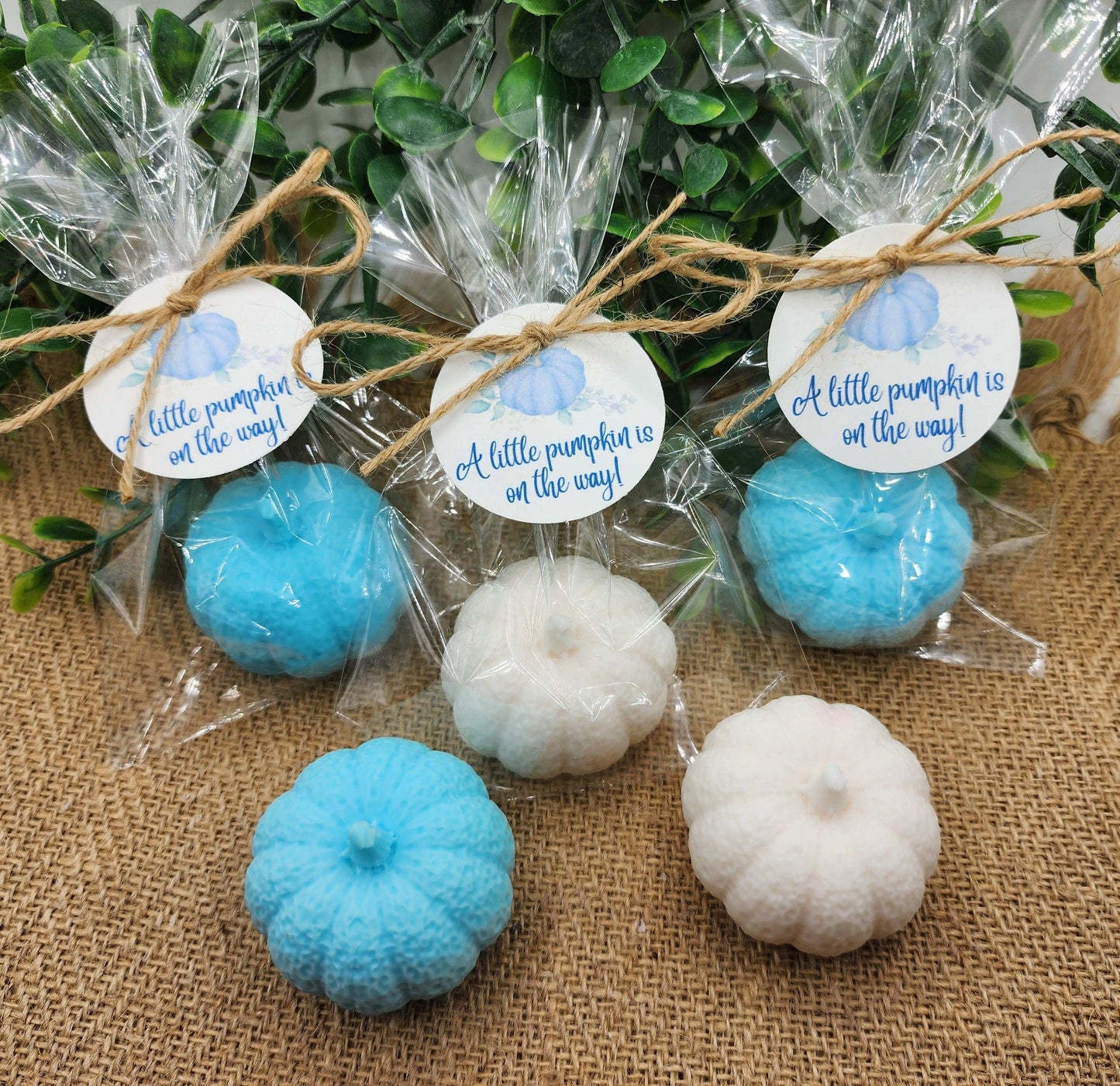 Blue and white decorative pumpkins in clear packaging with tags on a textured surface.