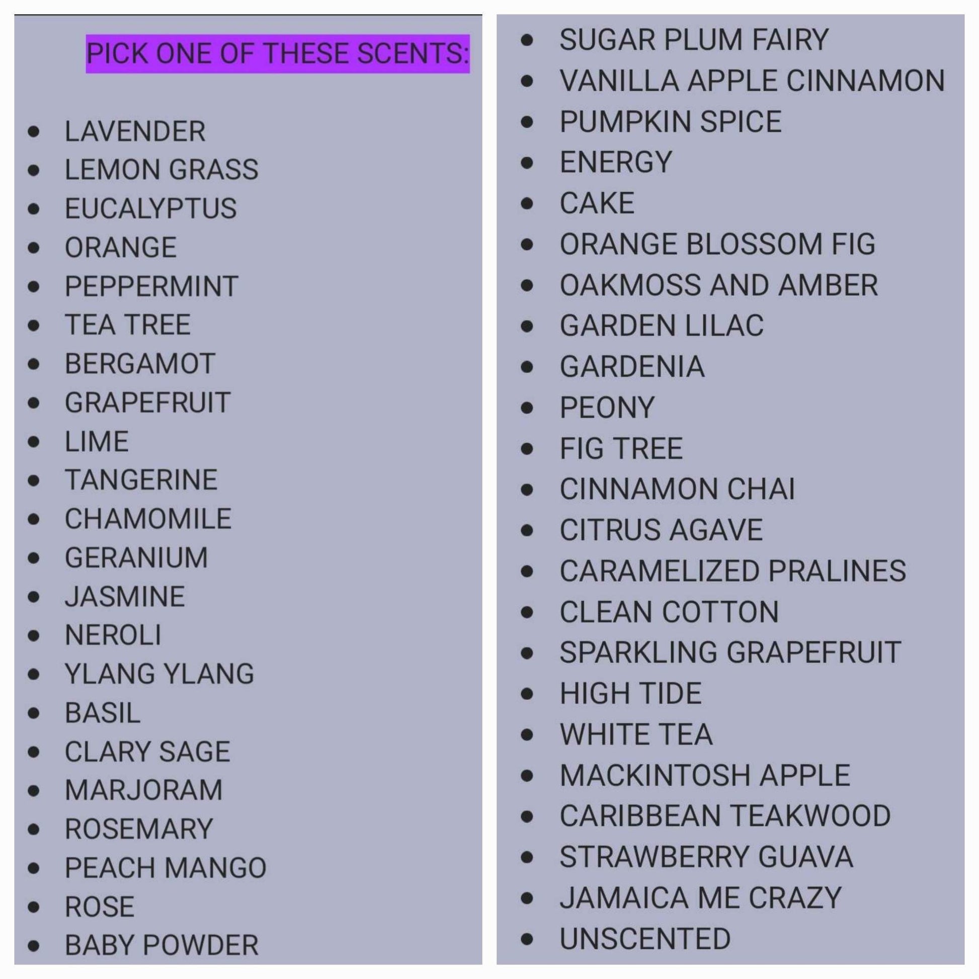 List of scents on a gray background